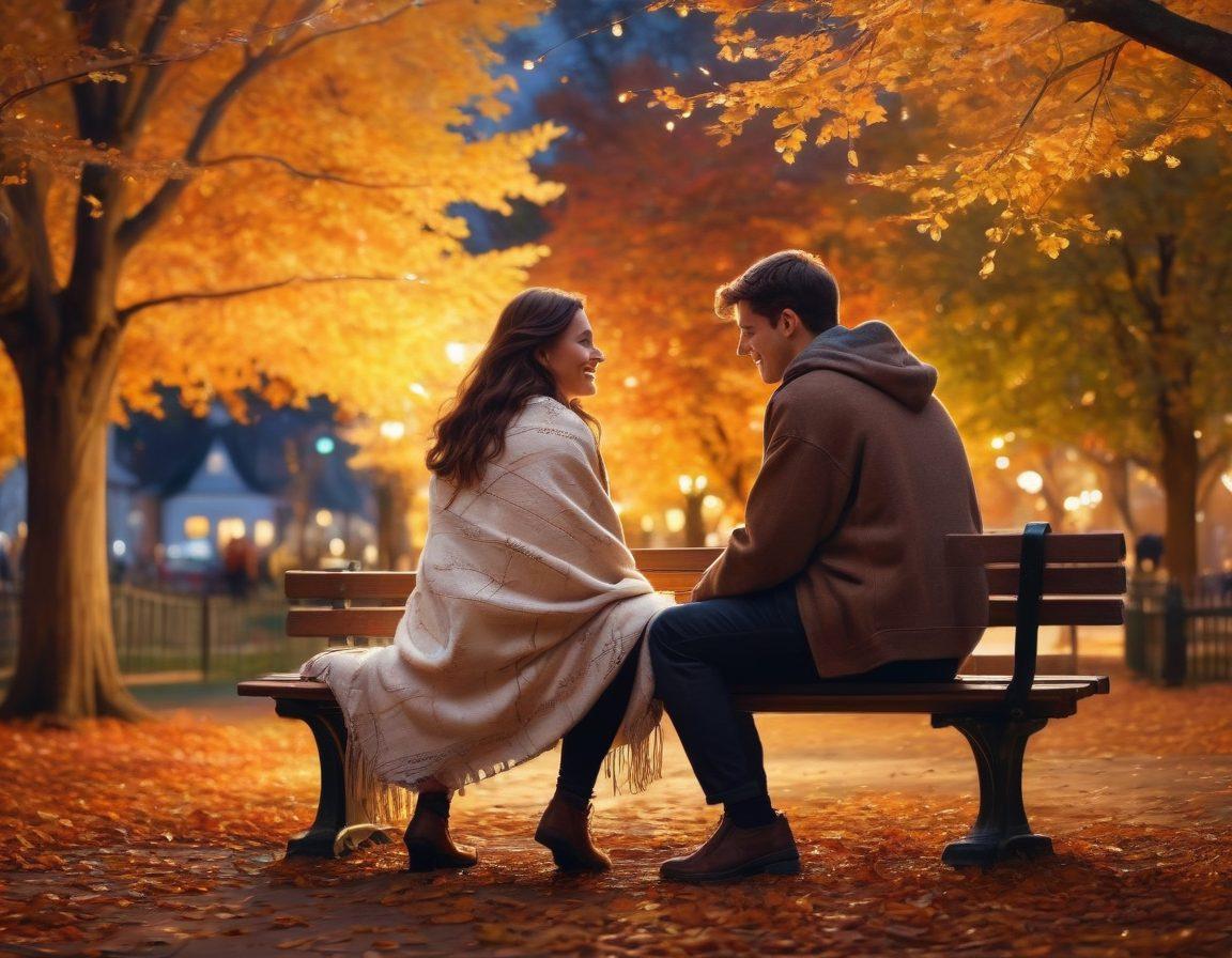 A warm, intimate scene depicting two people sitting closely on a park bench, sharing a cozy blanket with soft, glowing fairy lights around them. They are engaged in deep conversation, smiling at each other, surrounded by autumn leaves and gentle sunlight filtering through the trees, symbolizing emotional connection and togetherness. super-realistic. vibrant colors.  serene atmosphere.