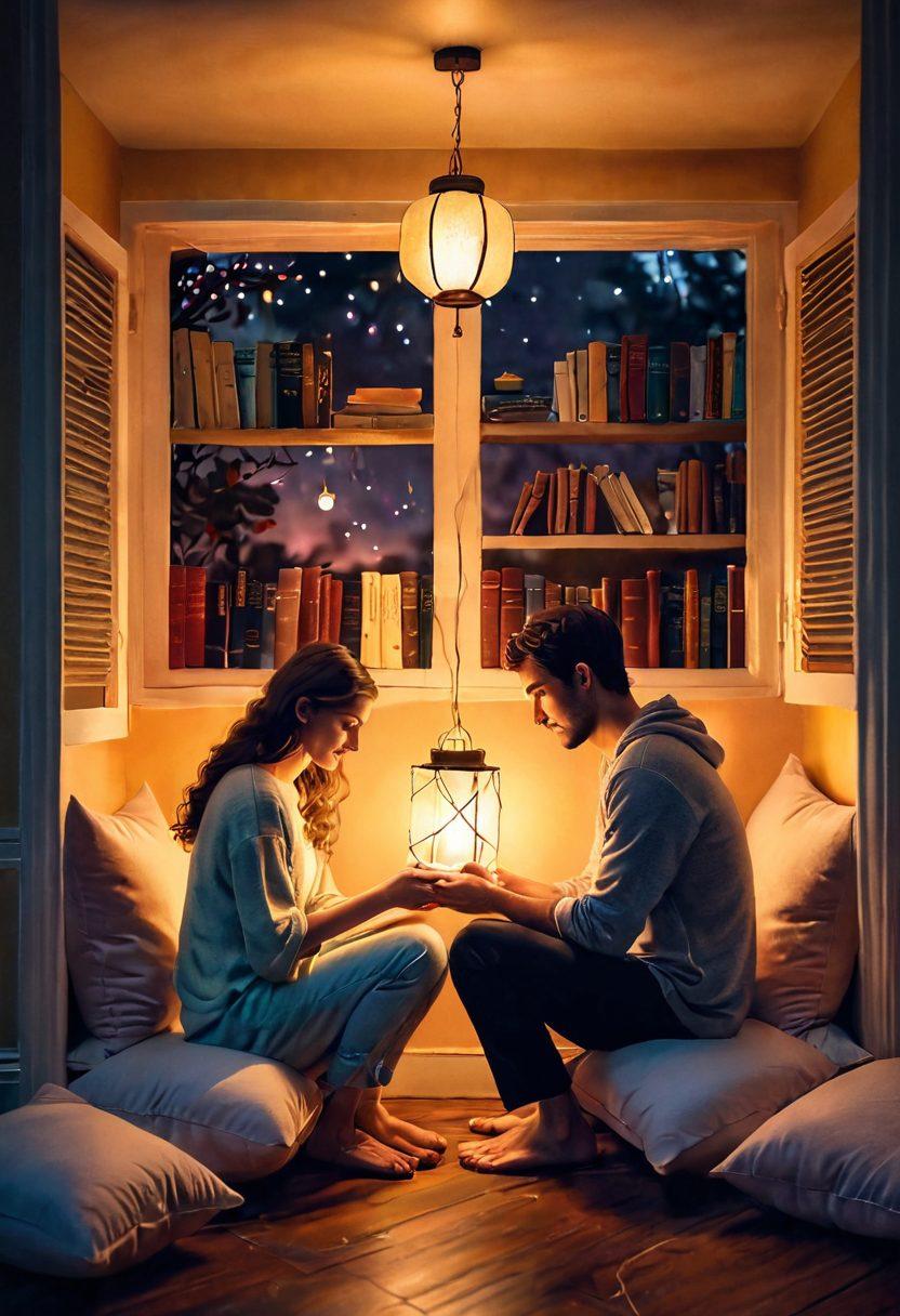 A warm, intimate scene of two people sitting together, sharing stories under a softly glowing lantern in a cozy room. Surround them with symbols of trust like intertwined hands, open books, and soft heart-shaped cushions, evoking a sense of understanding. The atmosphere is filled with soft pastels and gentle lighting that reflects warmth and connection. super-realistic. vibrant colors. cozy ambiance.