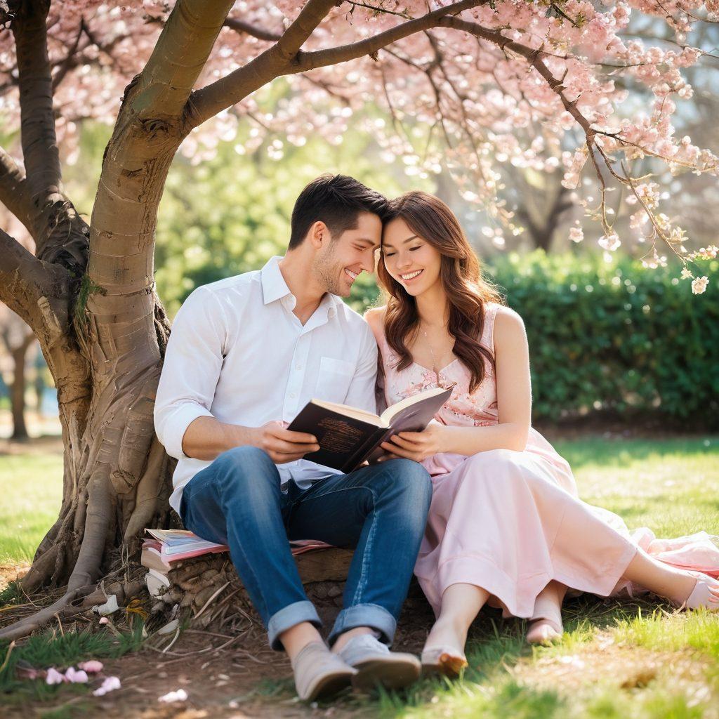 A cozy scene of a couple sitting together under a blooming cherry blossom tree, sharing a book and laughing, surrounded by soft pastel colors and sunlight filtering through the leaves. In the background, gentle hearts and vines intertwine, symbolizing deep emotional connections. The atmosphere is warm and inviting, evoking a sense of intimacy and love. dreamy, soft focus, vibrant colors.